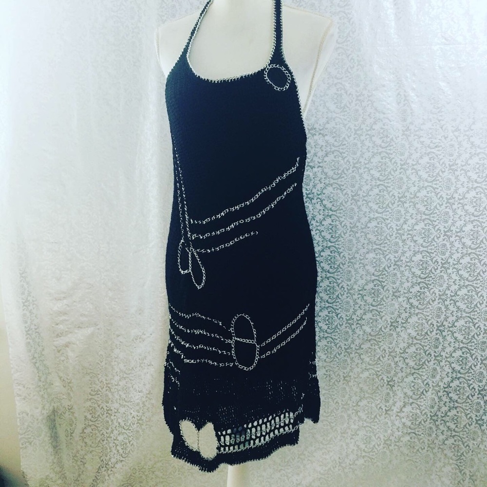 Bebe Black Crochet & Metal Chain Dress